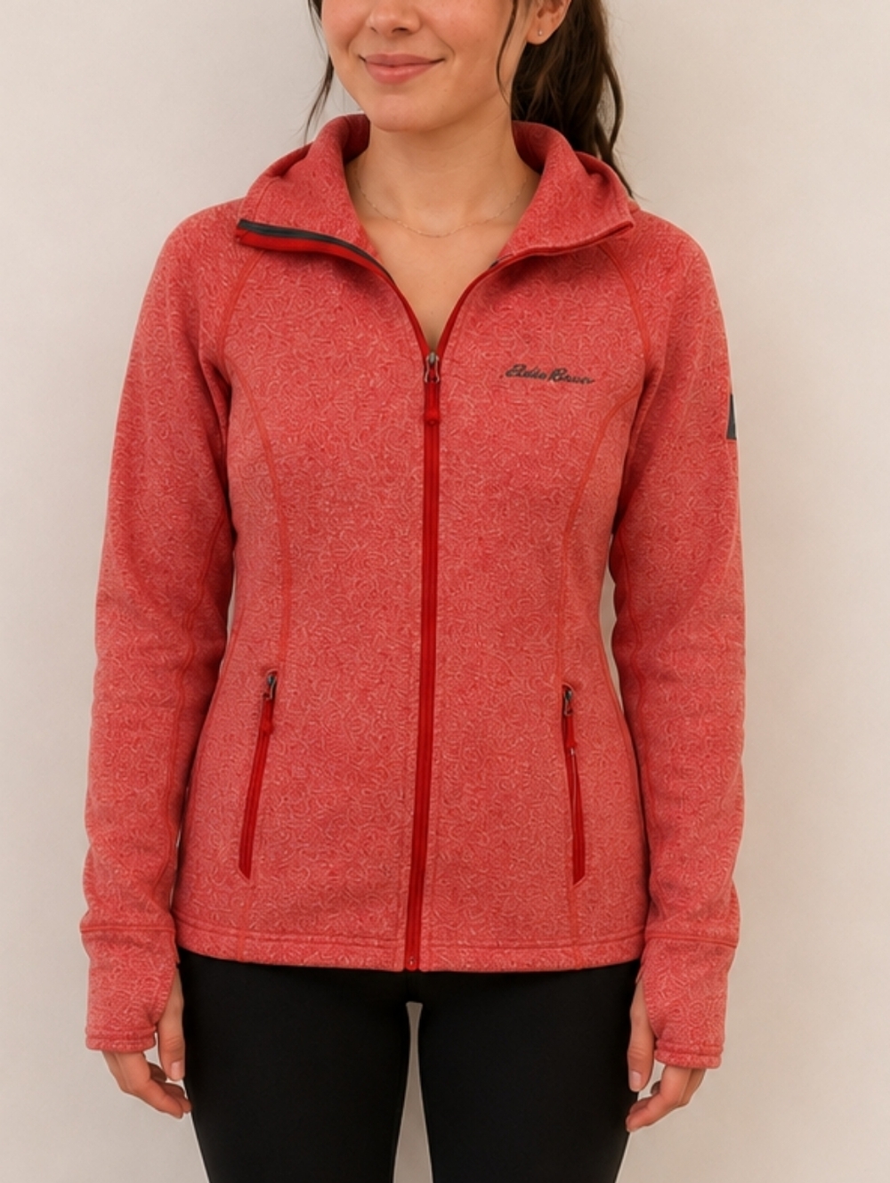 Eddie Bauer Women’s Full Zip Hooded Fleece Jacket Small Coral Heathered Red